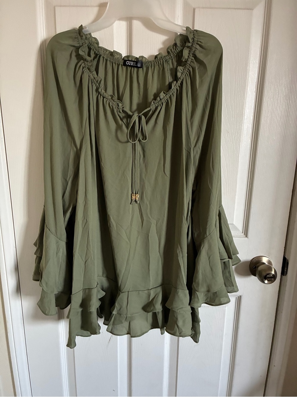 Cure Olive Green Ruffle Tie-Neck Peasant Tunic